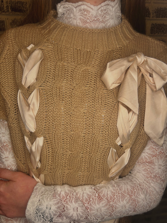 Tie My Heart Knit Satin Bow Sweater: Simply Taupe