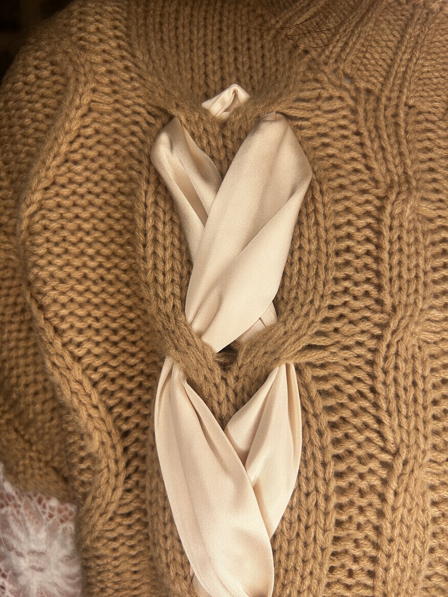 Tie My Heart Knit Satin Bow Sweater: Simply Taupe