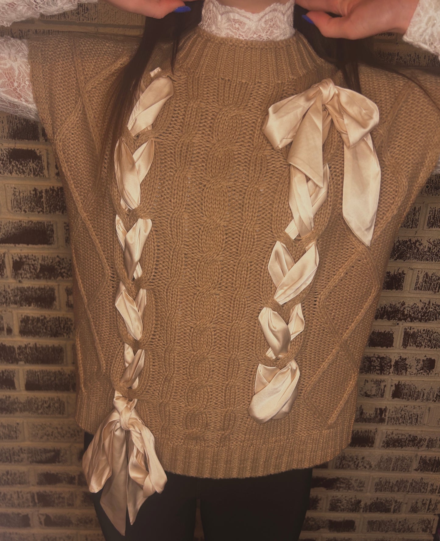 Tie My Heart Knit Satin Bow Sweater: Simply Taupe