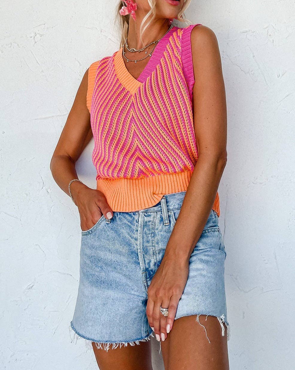 Spring Sweet Sleeveless Sweater Top: Strawberry Pink/ Orange