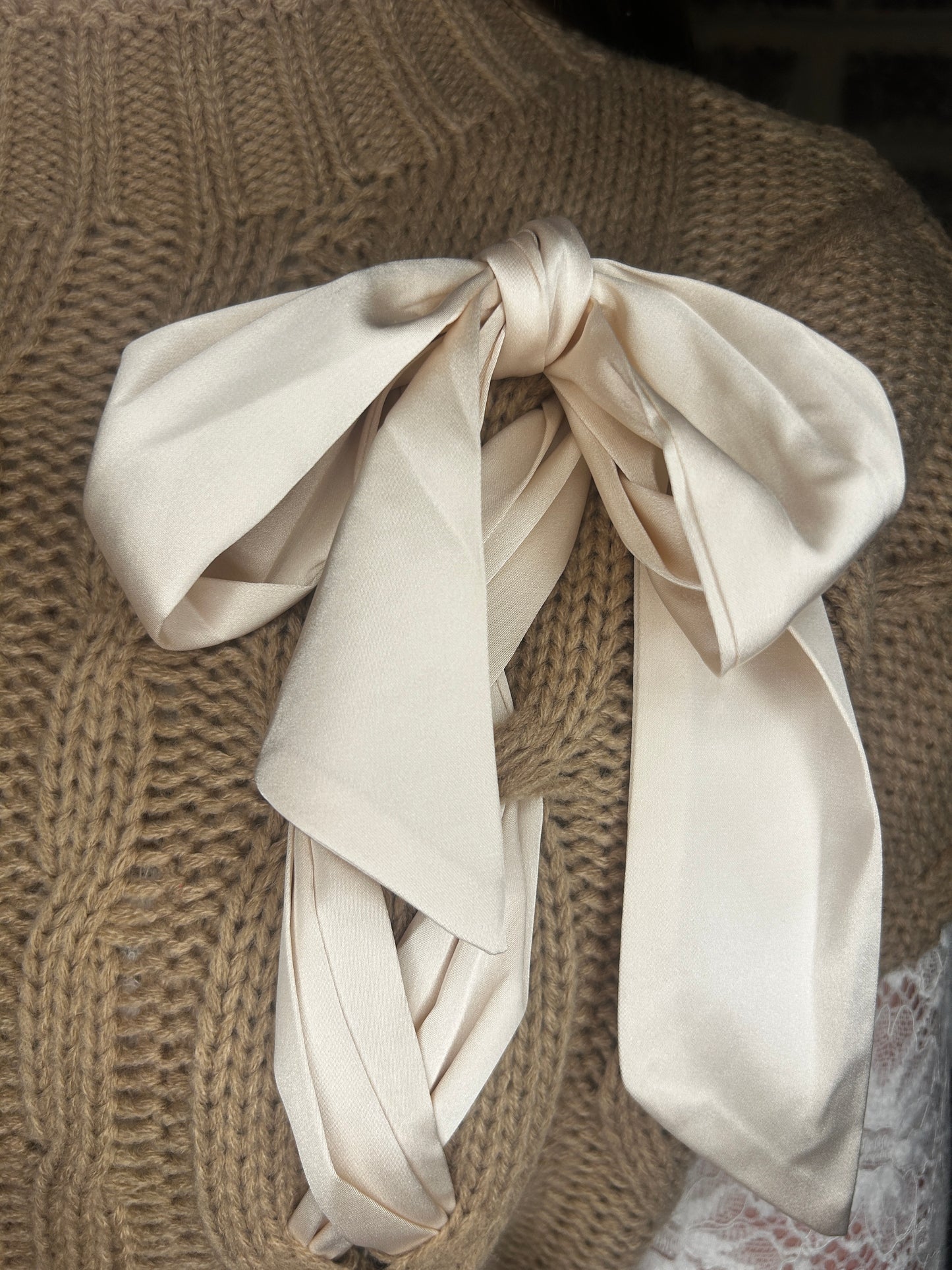 Tie My Heart Knit Satin Bow Sweater: Simply Taupe