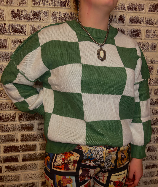Check Me Green- checkered sweater: Green