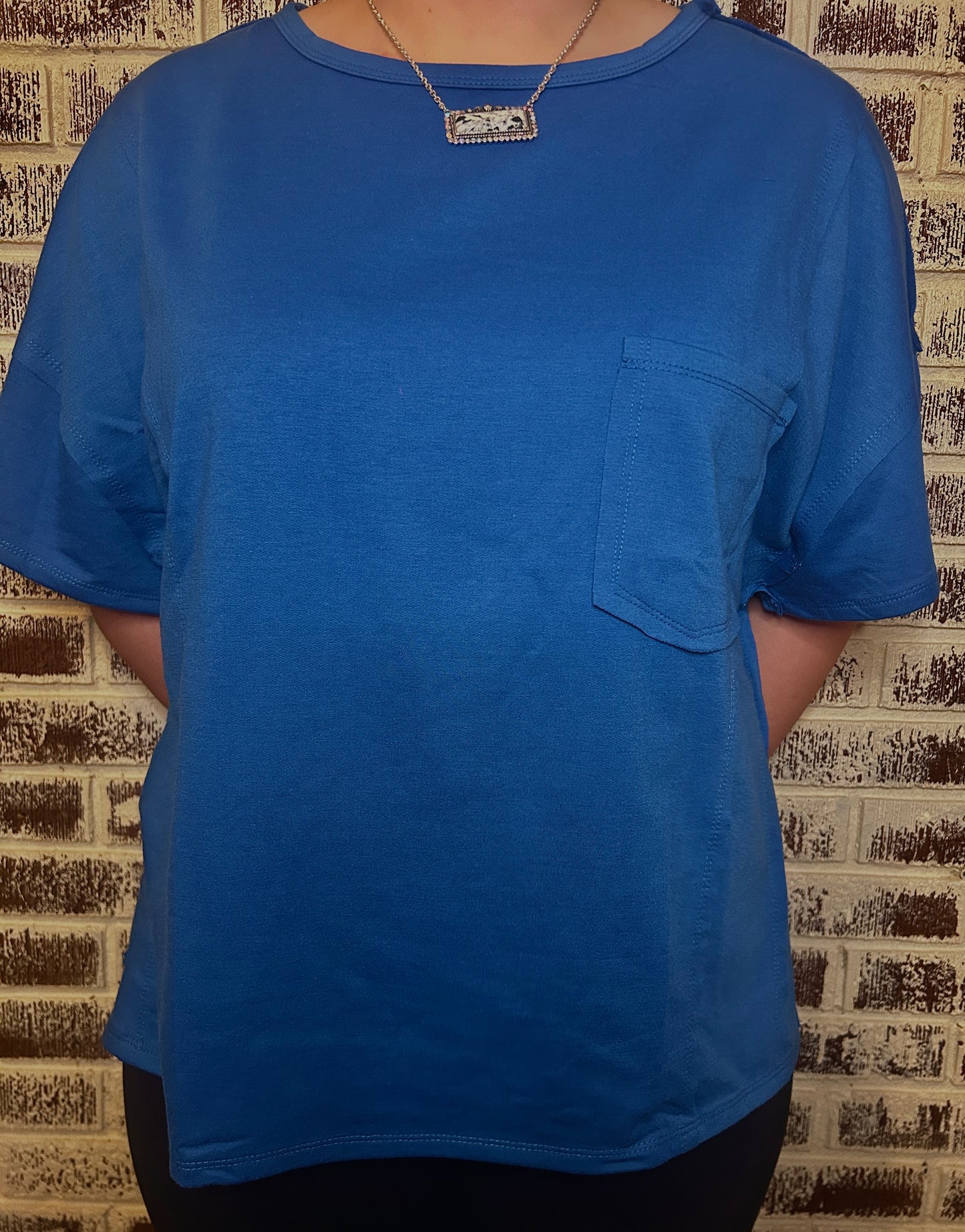 Reverse Seam Pocketed Oversized Blue T-Shirt
