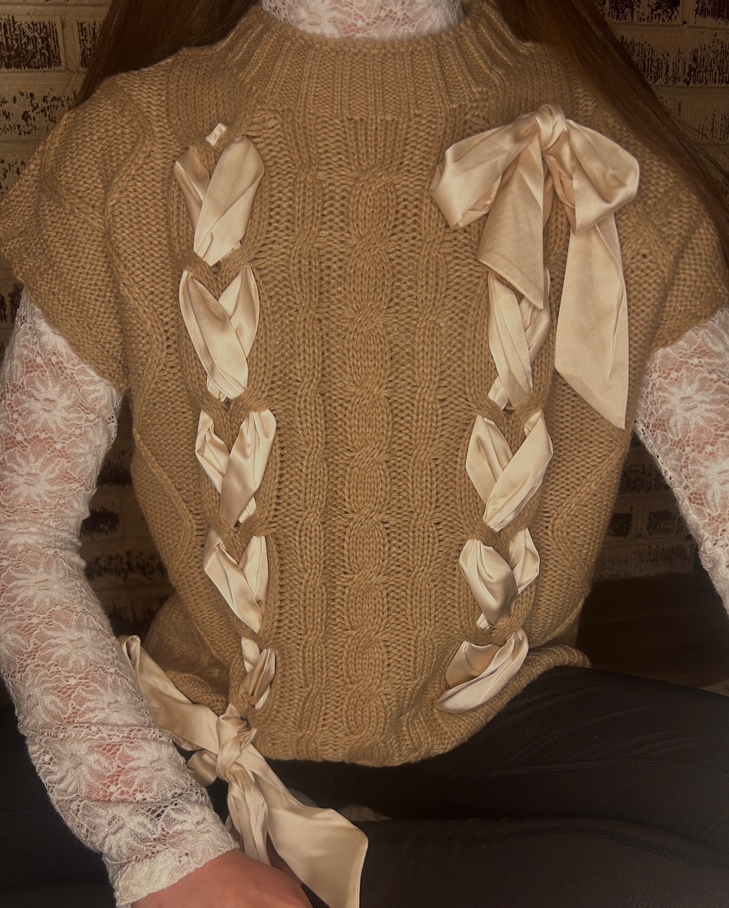 Tie My Heart Knit Satin Bow Sweater: Simply Taupe
