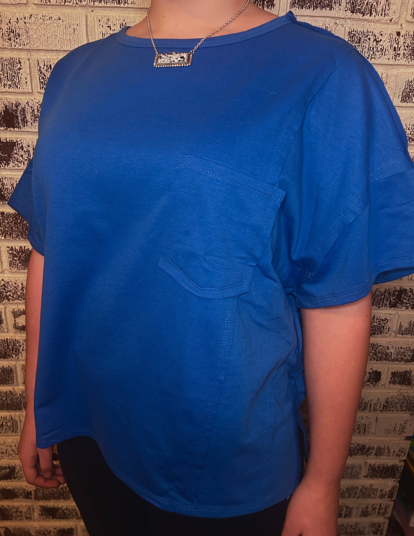 Reverse Seam Pocketed Oversized Blue T-Shirt