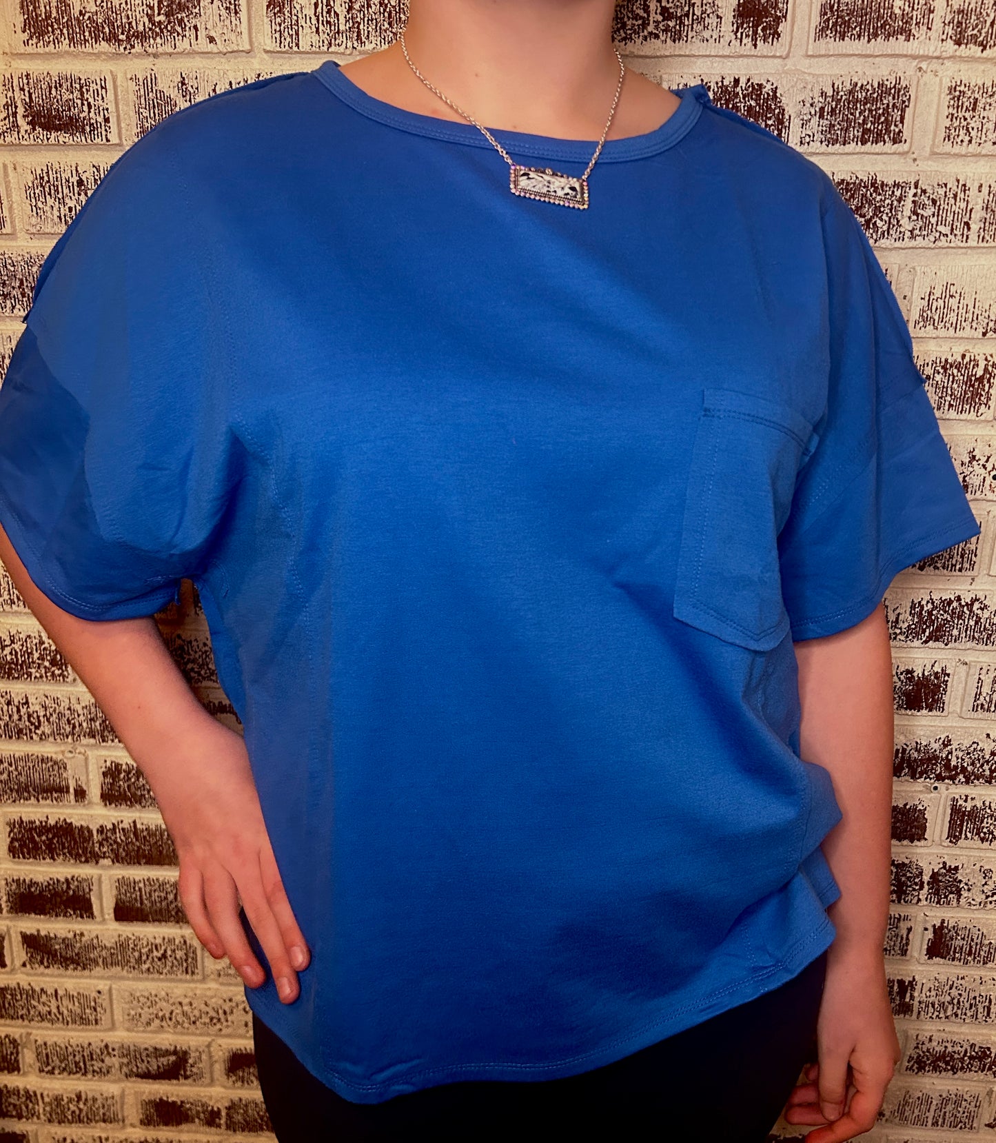 Reverse Seam Pocketed Oversized Blue T-Shirt